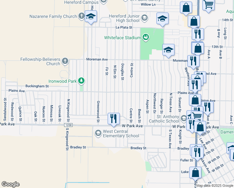 map of restaurants, bars, coffee shops, grocery stores, and more near 115-117 North Elm Street in Hereford
