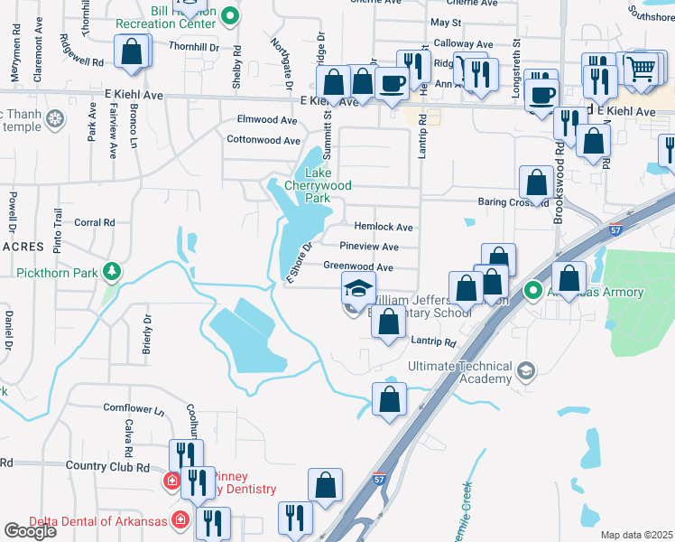 map of restaurants, bars, coffee shops, grocery stores, and more near 114 Greenwood Avenue in North Little Rock