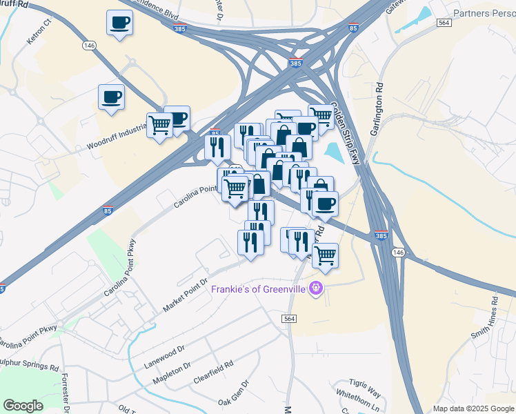 map of restaurants, bars, coffee shops, grocery stores, and more near 4 Market Point Drive in Greenville
