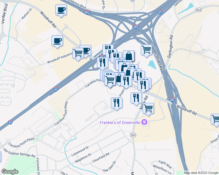 map of restaurants, bars, coffee shops, grocery stores, and more near 1140 Woodruff Road in Greenville