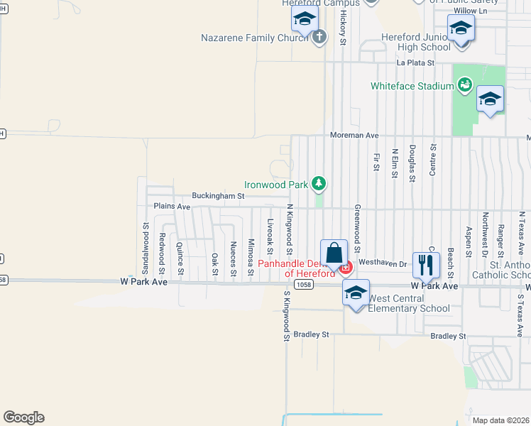 map of restaurants, bars, coffee shops, grocery stores, and more near 147 Liveoak Street in Hereford