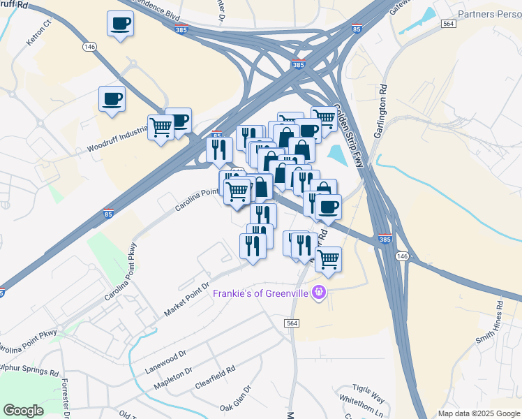 map of restaurants, bars, coffee shops, grocery stores, and more near 4 Market Point Drive in Greenville