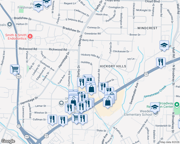 map of restaurants, bars, coffee shops, grocery stores, and more near 1900-1932 Holiday Dr in Florence