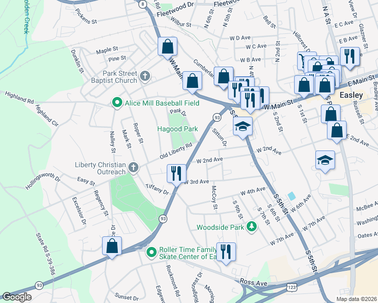 map of restaurants, bars, coffee shops, grocery stores, and more near 309 Liberty Drive in Easley