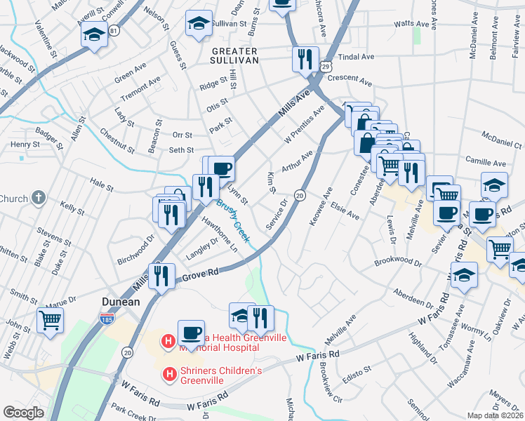 map of restaurants, bars, coffee shops, grocery stores, and more near 10 Beverly Avenue in Greenville