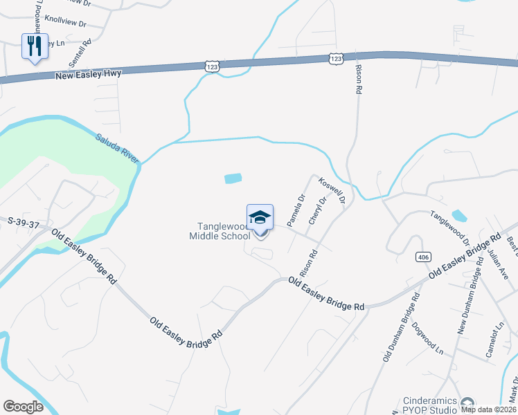 map of restaurants, bars, coffee shops, grocery stores, and more near 44 Merriwoods Drive in Greenville