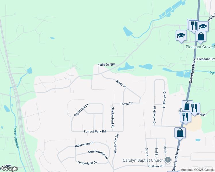 map of restaurants, bars, coffee shops, grocery stores, and more near 329 Mill Trace Drive in Dalton