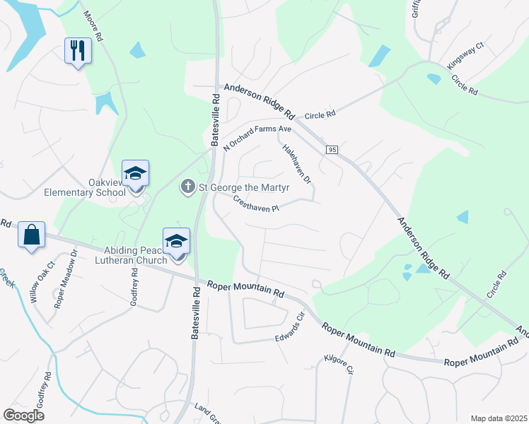 map of restaurants, bars, coffee shops, grocery stores, and more near 312 Cresthaven Place in Simpsonville