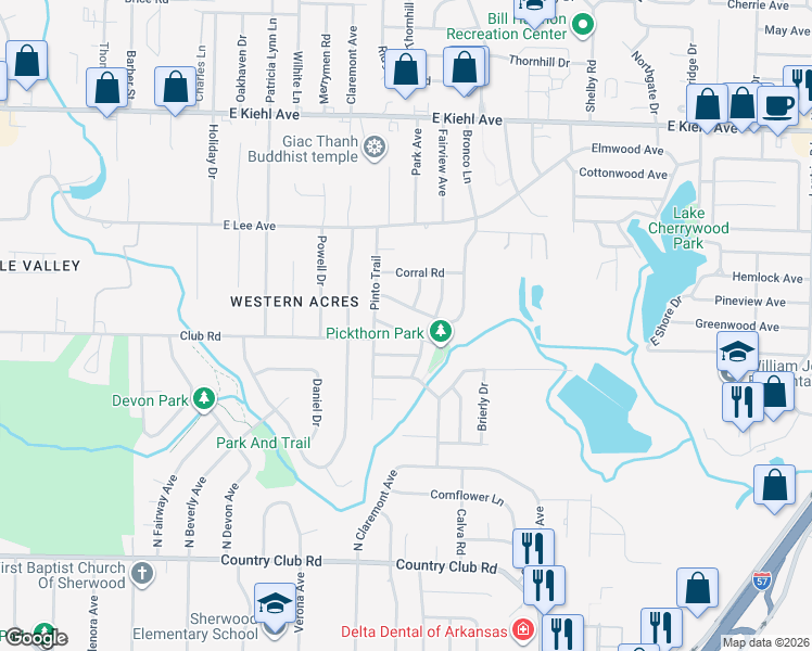 map of restaurants, bars, coffee shops, grocery stores, and more near 1611 Marlar Drive in Sherwood