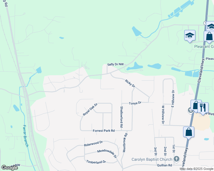 map of restaurants, bars, coffee shops, grocery stores, and more near 321 Mill Trce in Dalton