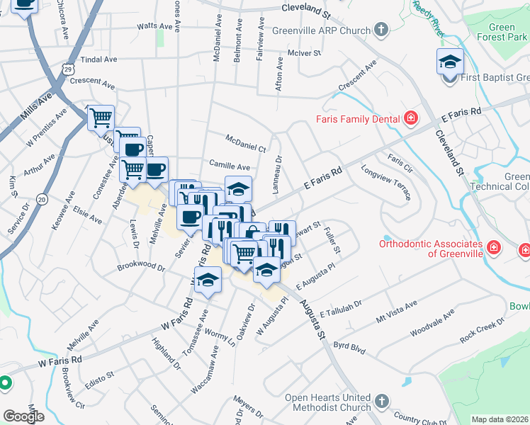 map of restaurants, bars, coffee shops, grocery stores, and more near 32 East Faris Road in Greenville
