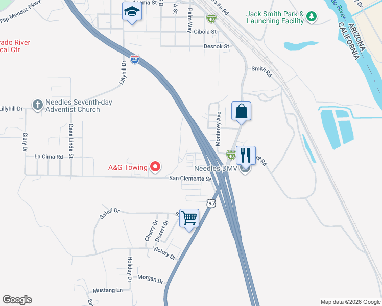 map of restaurants, bars, coffee shops, grocery stores, and more near 1100 Arizona Avenue in Needles