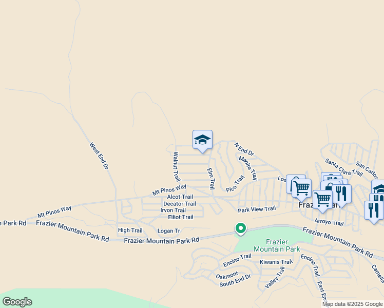map of restaurants, bars, coffee shops, grocery stores, and more near 4205 Willow Trail in Frazier Park
