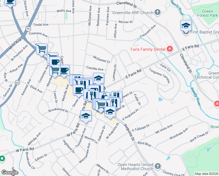 map of restaurants, bars, coffee shops, grocery stores, and more near 32 East Faris Road in Greenville