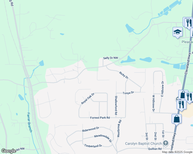 map of restaurants, bars, coffee shops, grocery stores, and more near 314 Mill Trce in Dalton