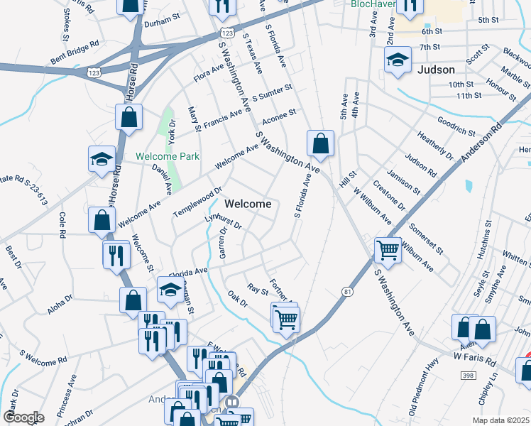 map of restaurants, bars, coffee shops, grocery stores, and more near 23 Brownwood Drive in Greenville