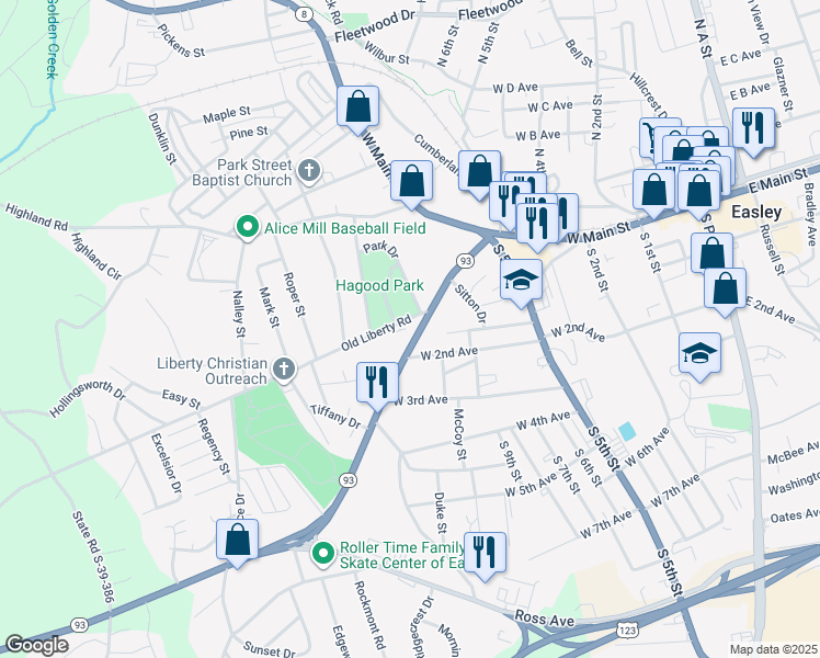 map of restaurants, bars, coffee shops, grocery stores, and more near 309 Liberty Drive in Easley