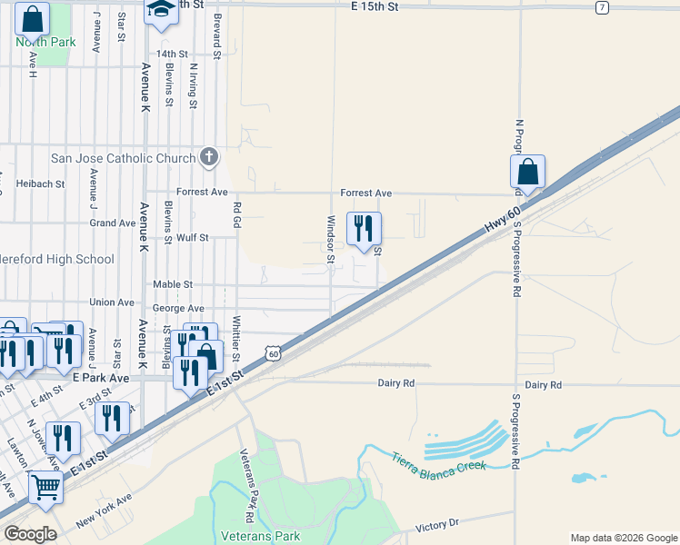 map of restaurants, bars, coffee shops, grocery stores, and more near 448 Mable Street in Hereford