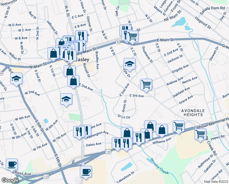 map of restaurants, bars, coffee shops, grocery stores, and more near 207 East 2nd Avenue in Easley