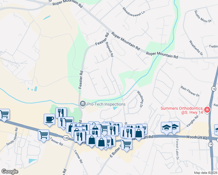 map of restaurants, bars, coffee shops, grocery stores, and more near 204 Bouchillion Drive in Greenville