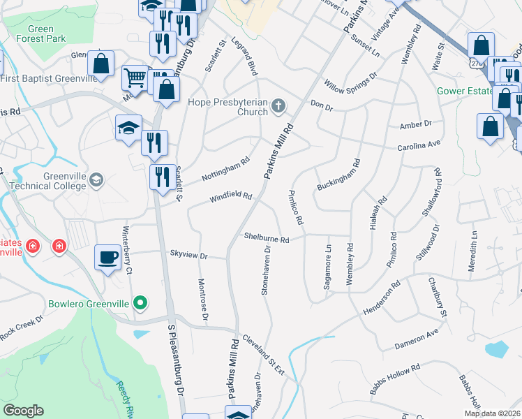 map of restaurants, bars, coffee shops, grocery stores, and more near 809 Parkins Mill Road in Greenville
