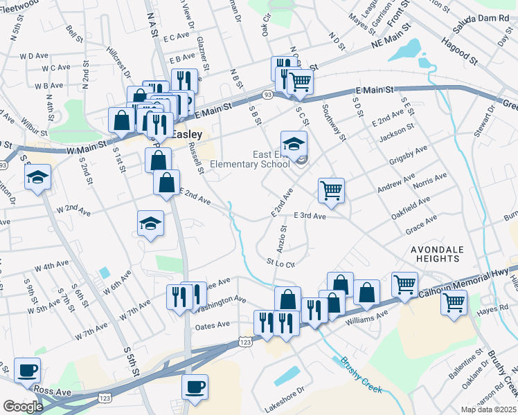 map of restaurants, bars, coffee shops, grocery stores, and more near 207 East 2nd Avenue in Easley
