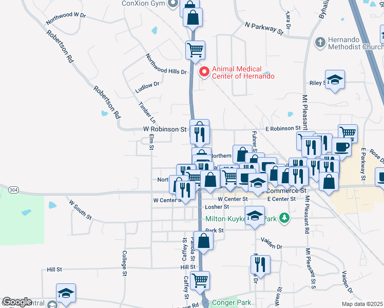 map of restaurants, bars, coffee shops, grocery stores, and more near 342 West Valley Street in Hernando