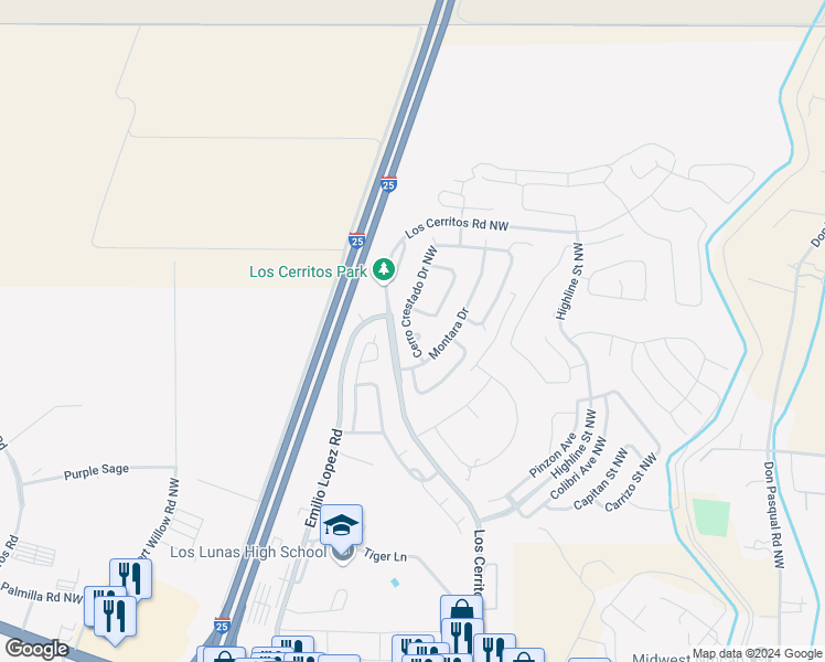 map of restaurants, bars, coffee shops, grocery stores, and more near 1424 Cerro Crestado Court in Los Lunas