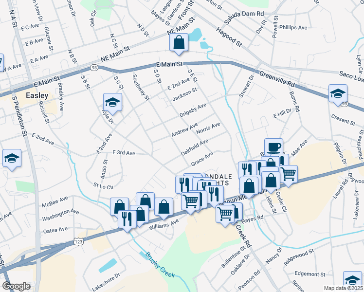map of restaurants, bars, coffee shops, grocery stores, and more near 503 Southway Street in Easley