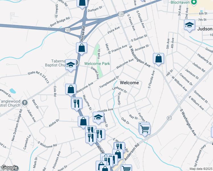 map of restaurants, bars, coffee shops, grocery stores, and more near 30 Templewood Drive in Greenville