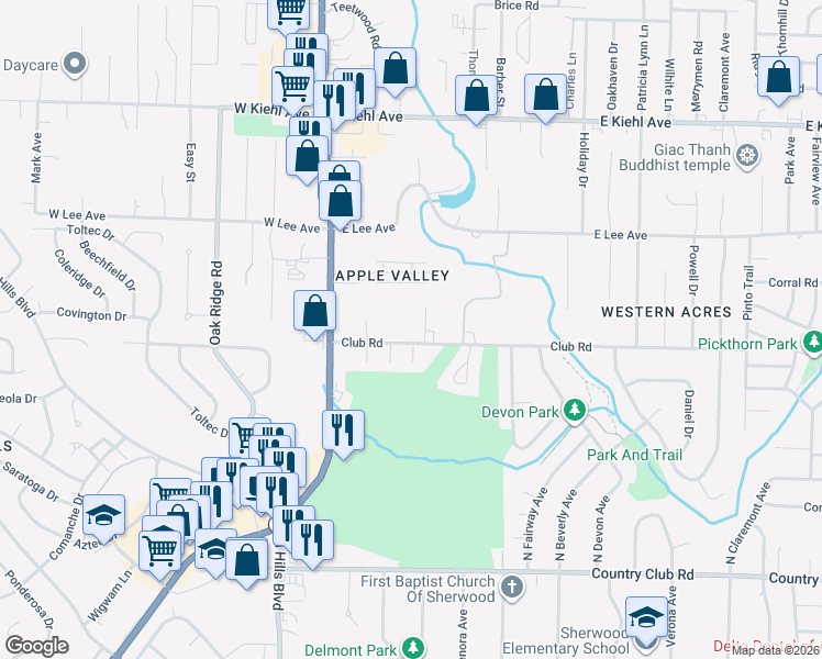 map of restaurants, bars, coffee shops, grocery stores, and more near 401 Club Road in Sherwood