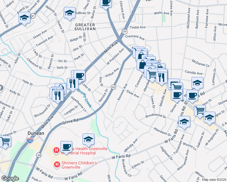 map of restaurants, bars, coffee shops, grocery stores, and more near 319 South Carolina 20 in Greenville