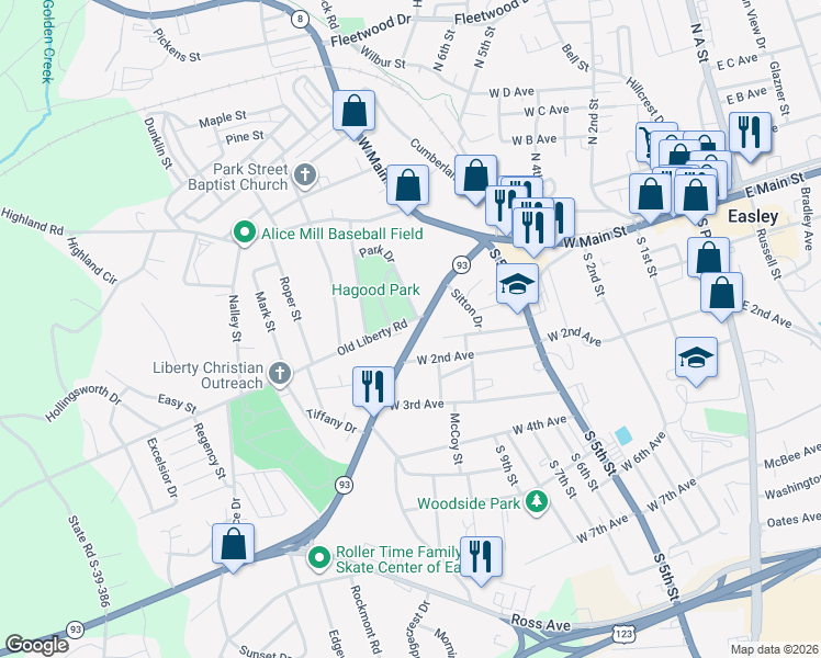 map of restaurants, bars, coffee shops, grocery stores, and more near 309 Liberty Drive in Easley