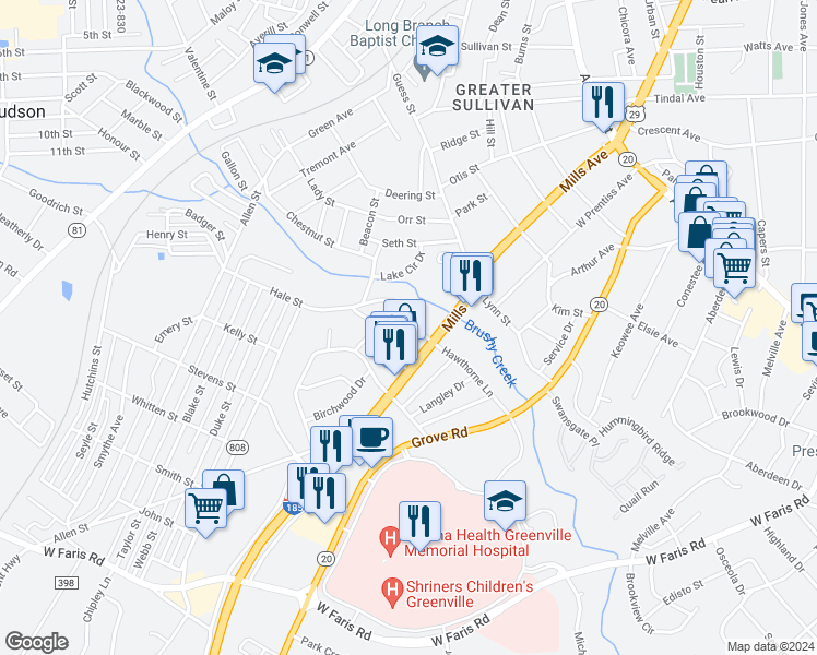 map of restaurants, bars, coffee shops, grocery stores, and more near 313 Ligon Street in Greenville