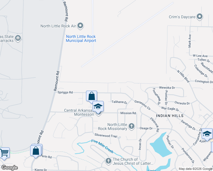 map of restaurants, bars, coffee shops, grocery stores, and more near 619 Spriggs Road in North Little Rock