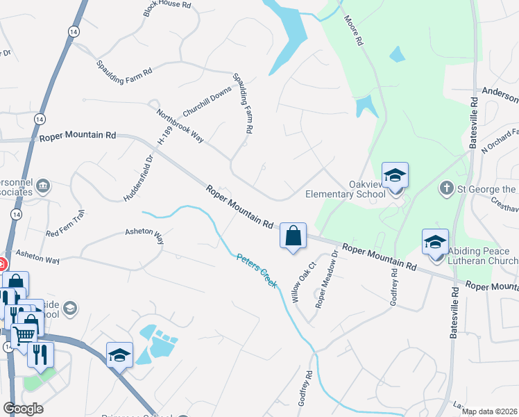 map of restaurants, bars, coffee shops, grocery stores, and more near 2386 Roper Mountain Road in Simpsonville