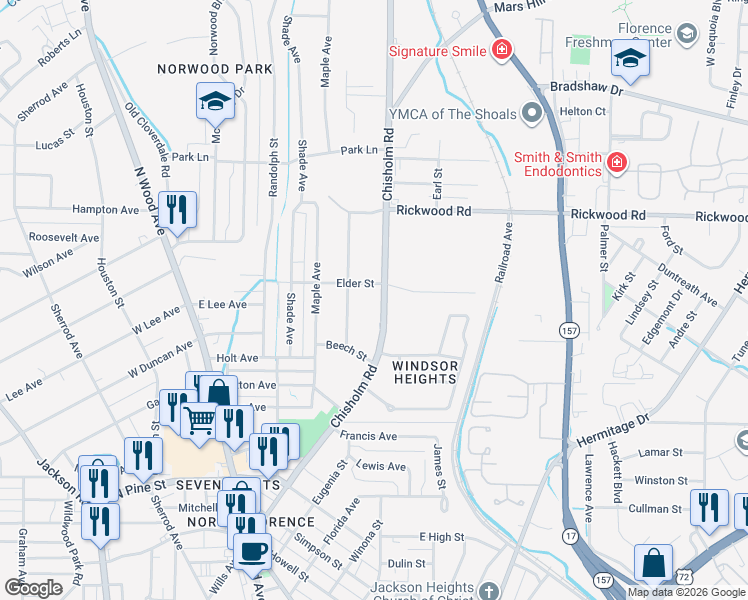 map of restaurants, bars, coffee shops, grocery stores, and more near 1815 Chisholm Rd in Florence