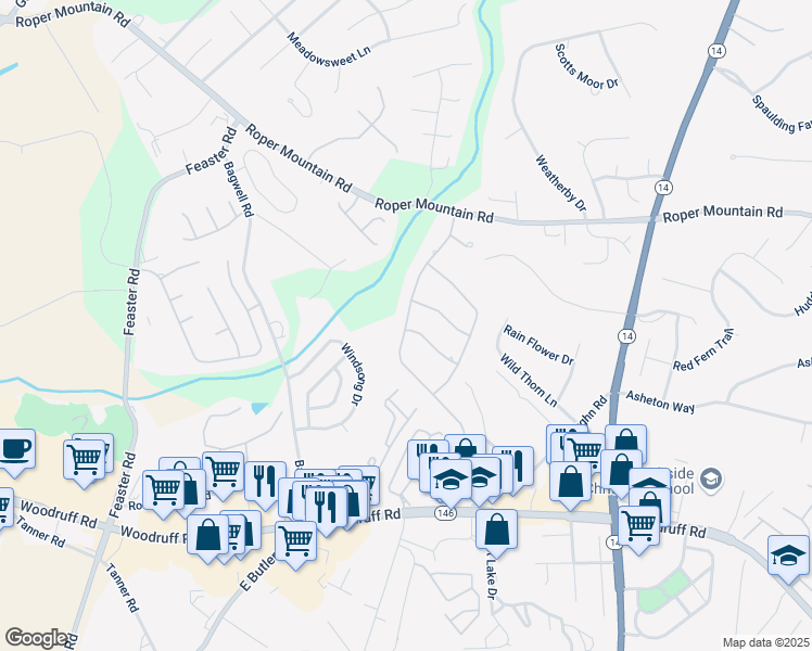 map of restaurants, bars, coffee shops, grocery stores, and more near 308 Chamblee Boulevard in Greenville