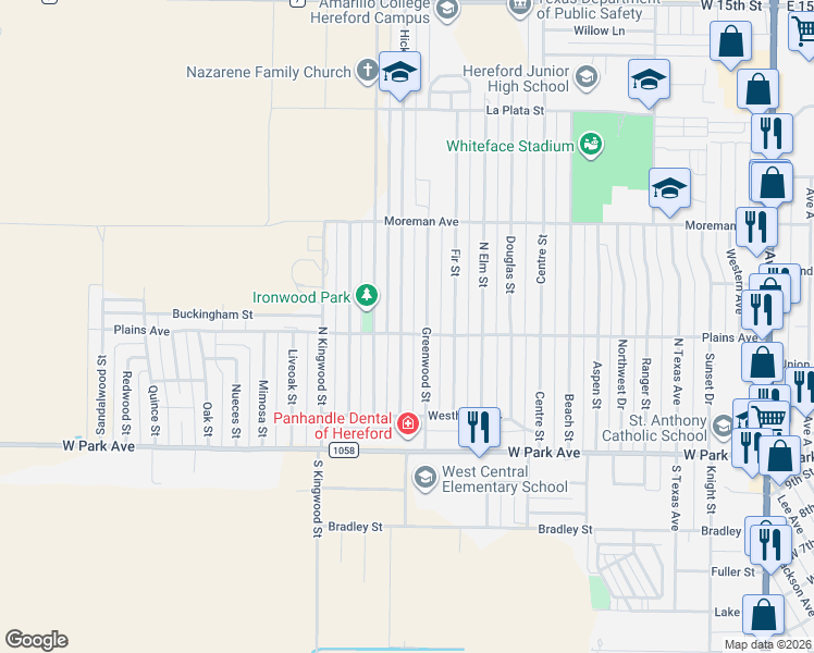 map of restaurants, bars, coffee shops, grocery stores, and more near 200 Hickory Street in Hereford