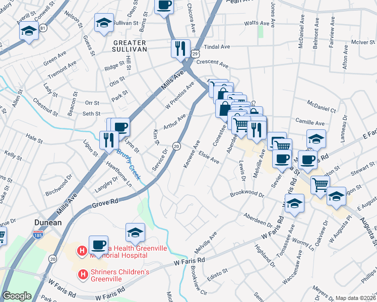 map of restaurants, bars, coffee shops, grocery stores, and more near 221 Grove Road in Greenville