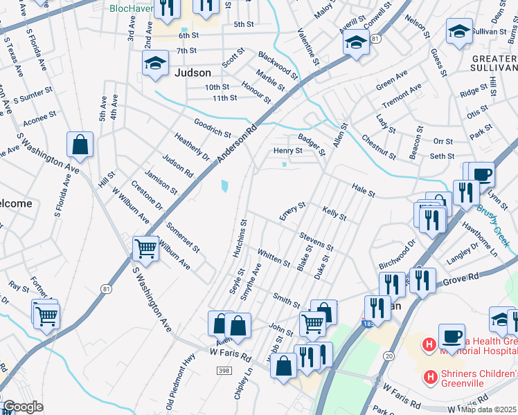 map of restaurants, bars, coffee shops, grocery stores, and more near 41 Stevens Street in Greenville