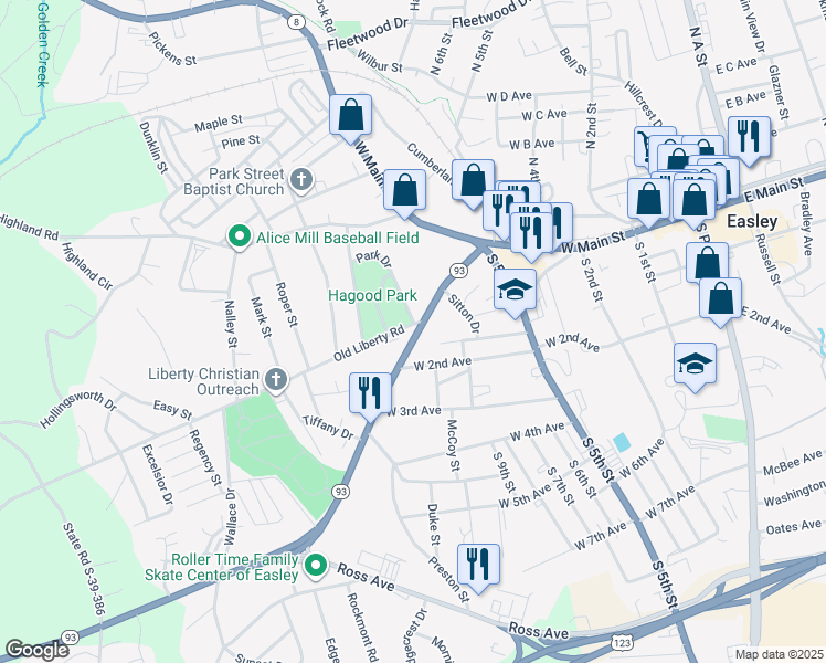 map of restaurants, bars, coffee shops, grocery stores, and more near 210 Old Liberty Road in Easley