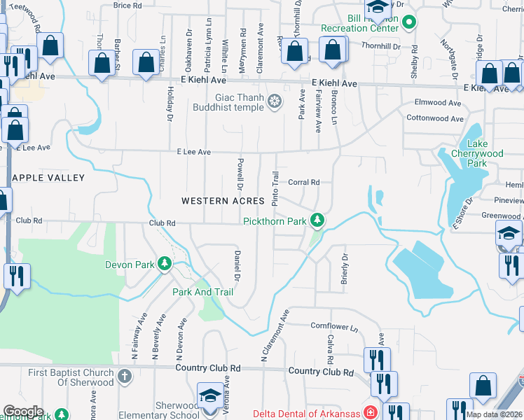map of restaurants, bars, coffee shops, grocery stores, and more near 7901 Pinto Trail in Sherwood