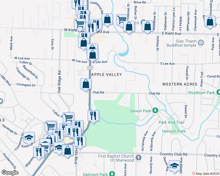 map of restaurants, bars, coffee shops, grocery stores, and more near 7920 Arkansas 107 in Sherwood