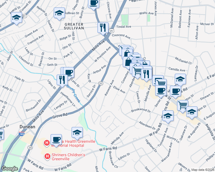 map of restaurants, bars, coffee shops, grocery stores, and more near 221 Grove Road in Greenville