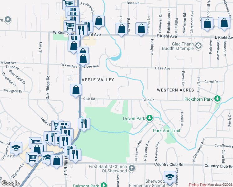 map of restaurants, bars, coffee shops, grocery stores, and more near 707 Club Road in Sherwood