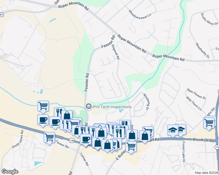 map of restaurants, bars, coffee shops, grocery stores, and more near 106 Audrey Lane in Greenville