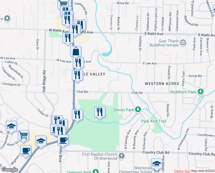 map of restaurants, bars, coffee shops, grocery stores, and more near 707 Club Road in Sherwood