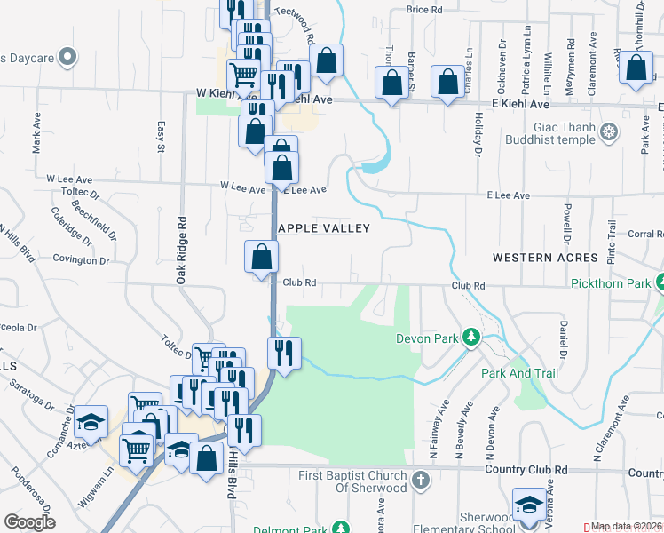map of restaurants, bars, coffee shops, grocery stores, and more near 7920 Arkansas 107 in Sherwood