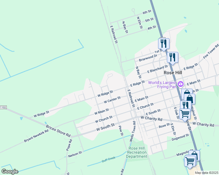 map of restaurants, bars, coffee shops, grocery stores, and more near 310 North Pine Street in Rose Hill
